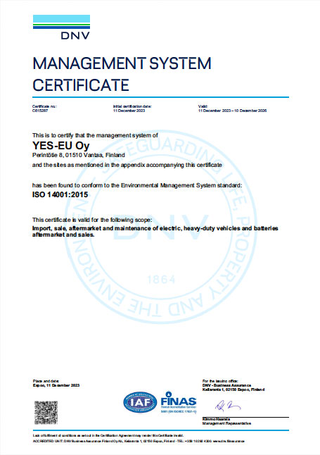 YES-EU Oy ISO14001 certification